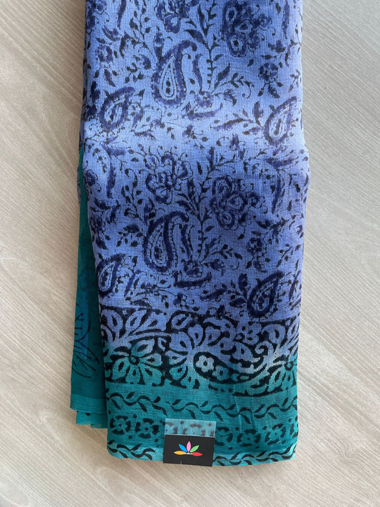Dusty Cobalt Blue & Teal Green Block Printed Supernet Saree- 20573