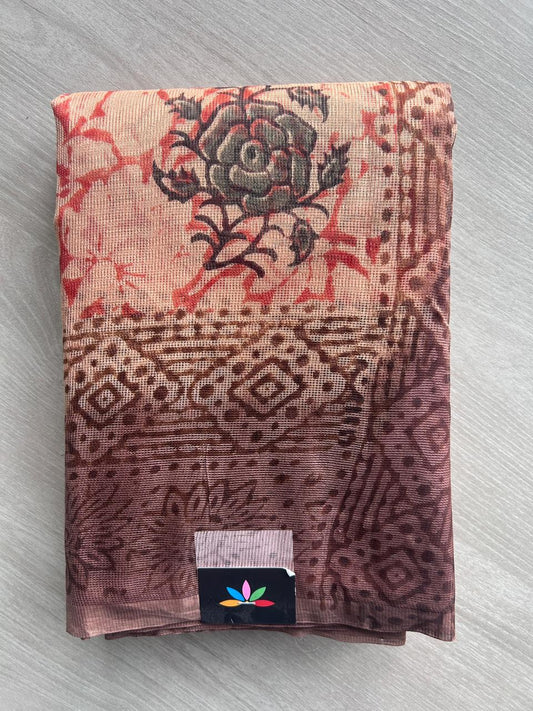 Beige & Brown Block Printed Supernet Saree- 20574