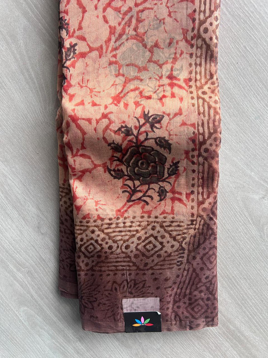 Beige & Brown Block Printed Supernet Saree- 20574