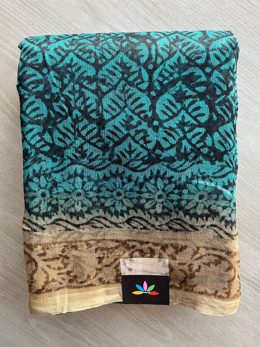 Emerald Green & Beige Block Printed Supernet Saree- 20575