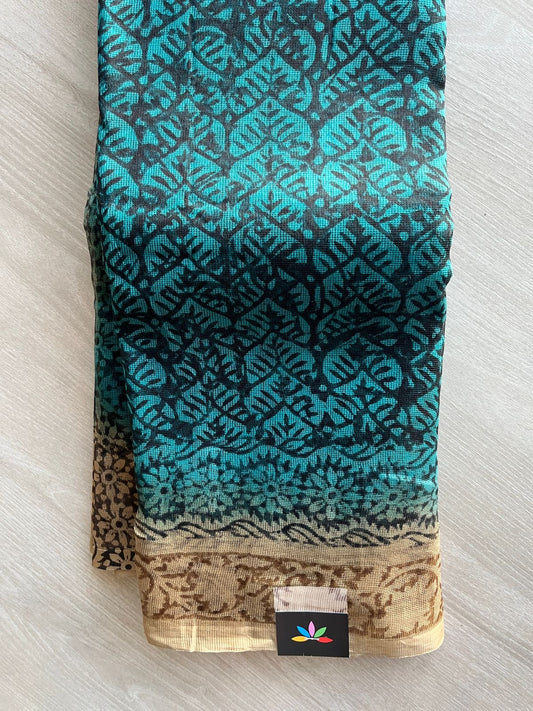 Emerald Green & Beige Block Printed Supernet Saree- 20575