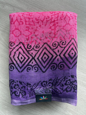 Bright Pink & Purple Block Printed Supernet Saree- 20577