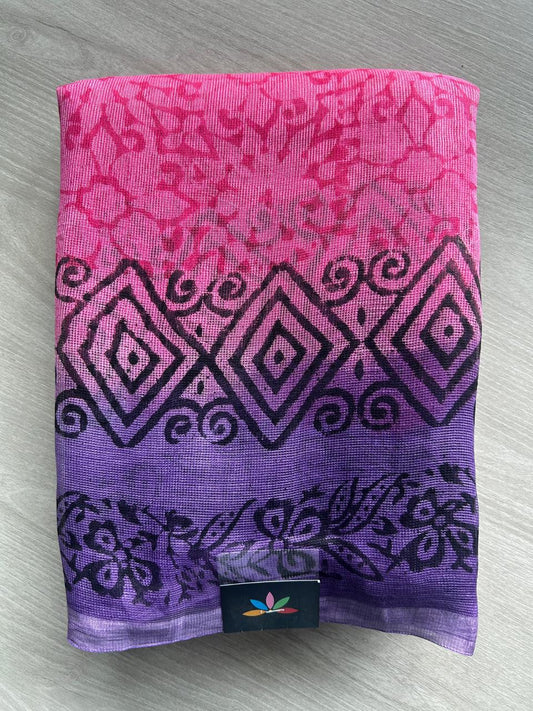 Bright Pink & Purple Block Printed Supernet Saree- 20577