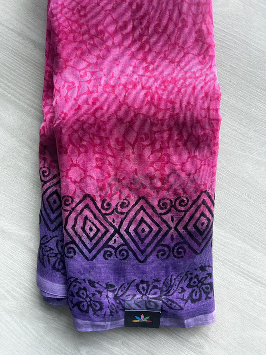 Bright Pink & Purple Block Printed Supernet Saree- 20577
