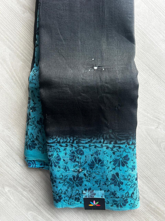 Black & Sky Blue Block Printed Supernet Saree with Mirror Work - 20579