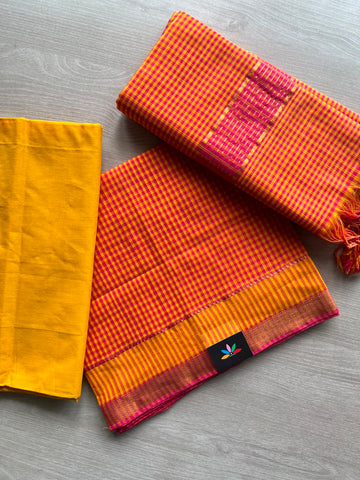 Mustard Yellow & Hot Pink Small Checked Handloom Mangalagiri Unstitched 3 Piece Set - 33238