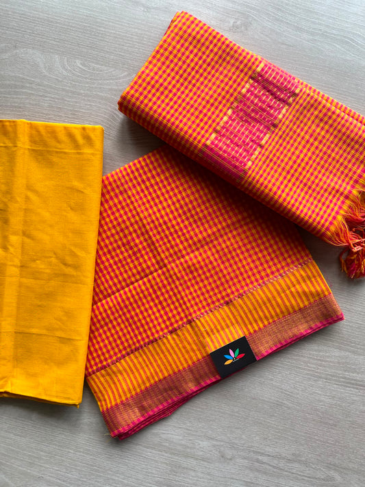 Mustard Yellow & Hot Pink Small Checked Handloom Mangalagiri 3 Piece Unstitched Suit Set - 33238