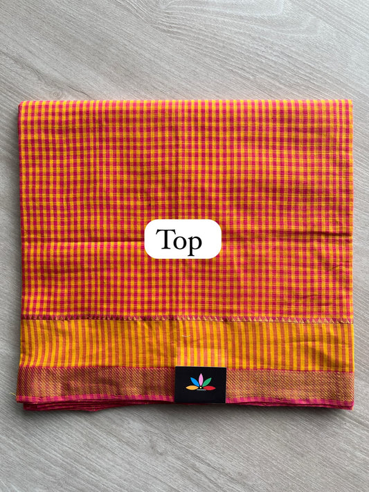 Mustard Yellow & Hot Pink Small Checked Handloom Mangalagiri 3 Piece Unstitched Suit Set - 33238