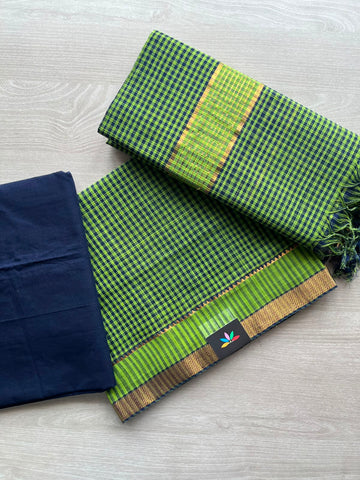 Light Green & Dark Navy Small Checked Handloom Mangalagiri Unstitched 3 Piece Set - 33240