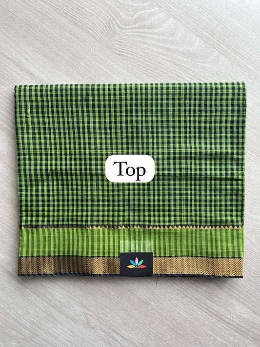 Light Green & Dark Navy Small Checked Handloom Mangalagiri 3 Piece Unstitched Suit Set - 33240