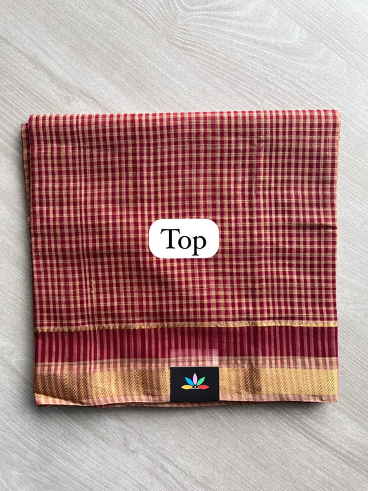 Dark Red & Harvest Gold Small Checked Handloom Mangalagiri 3 Piece Unstitched Suit Set - 33241