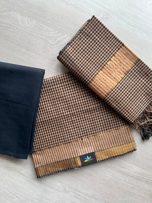 Black & Golden Beige Small Checked Handloom Mangalagiri 3 Piece Unstitched Suit Set - 33242