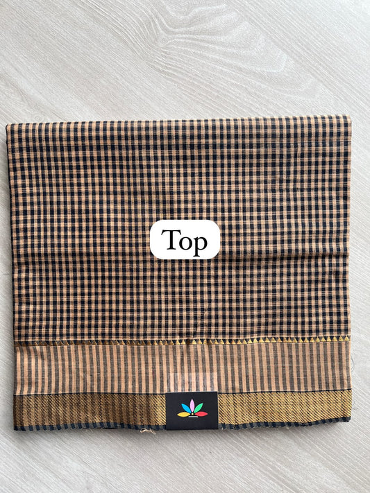 Black & Golden Beige Small Checked Handloom Mangalagiri 3 Piece Unstitched Suit Set - 33242