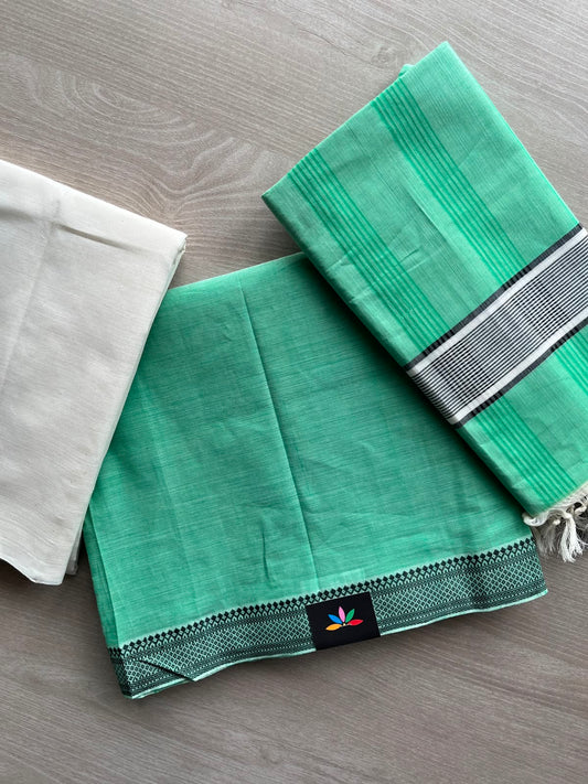 Medium Aquamarine & White Handloom Mangalagiri 3 Piece Unstitched Suit Set - 33243