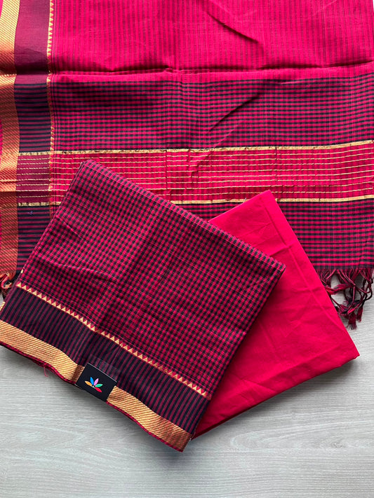 Red & Black Checked Handloom Mangalagiri 3 Piece Unstitched Suit Set - 33245