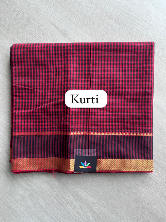 Red & Black Checked Handloom Mangalagiri 3 Piece Unstitched Suit Set - 33245