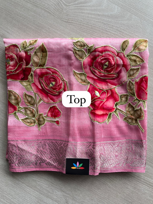 Applique Work Kanchi Border Mangalagiri Silk Cotton 3 Piece Unstitched Suit Set - 33246