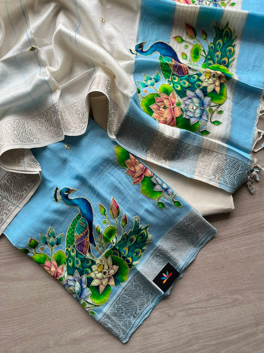 Applique Work Kanchi Border Mangalagiri Silk Cotton 3 Piece Unstitched Suit Set - 33248