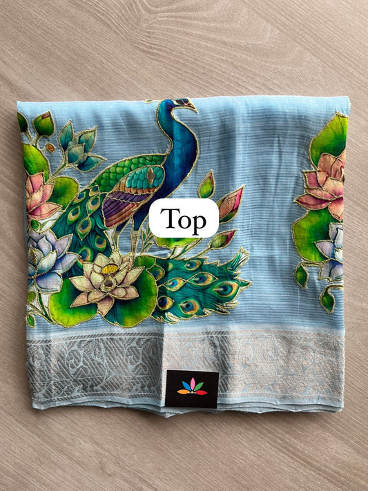 Applique Work Kanchi Border Mangalagiri Silk Cotton 3 Piece Unstitched Suit Set - 33248