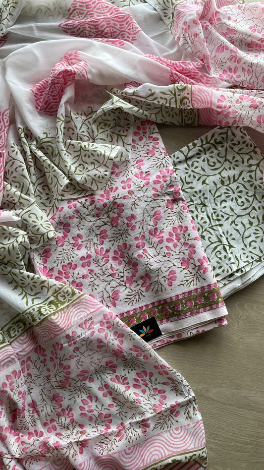 Hand Block Printed Cotton 3 Piece Unstitched Suit Set with Cotton Duppata -24590
