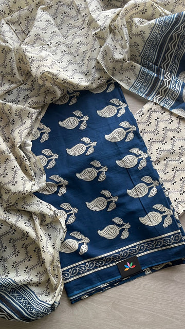 Hand Block Printed Cotton 3 Piece Unstitched Suit Set with Cotton Duppata -24591