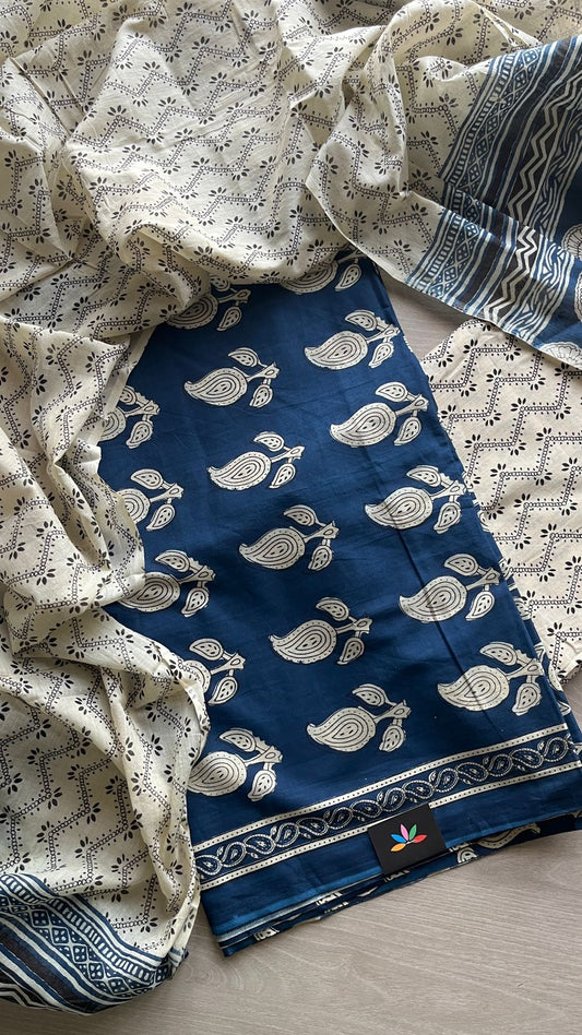 Hand Block Printed Cotton 3 Piece Unstitched Suit Set with Cotton Duppata -24591