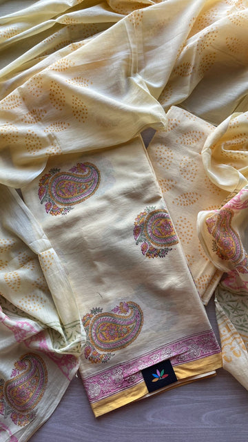 Hand Block Printed Cotton 3 Piece Unstitched Suit Set with Cotton Duppata -24609