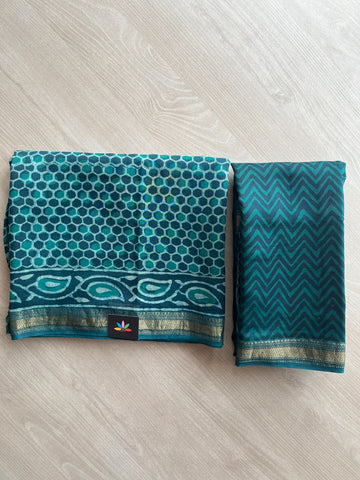Deep Teal Akola Hand Block Printed Chanderi Cotton Silk 2 Piece Set - 32022