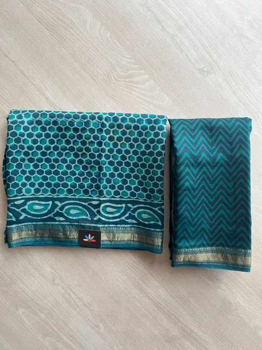 Deep Teal Akola Hand Block Printed Chanderi Cotton Silk 2 Piece Set - 32022