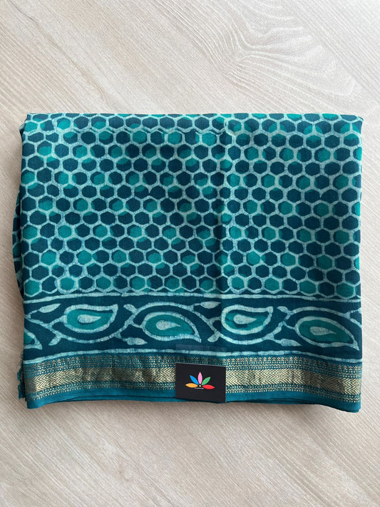 Deep Teal Akola Hand Block Printed Chanderi Cotton Silk 2 Piece Set - 32022