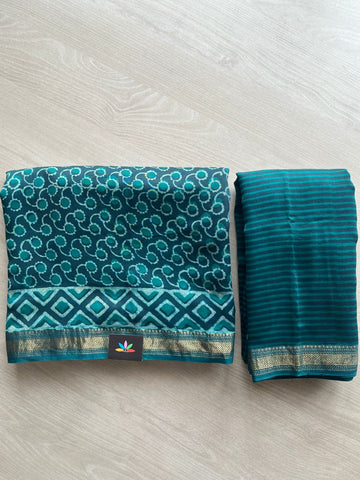 Deep Teal Akola Hand Block Printed Chanderi Cotton Silk 2 Piece Set - 32026