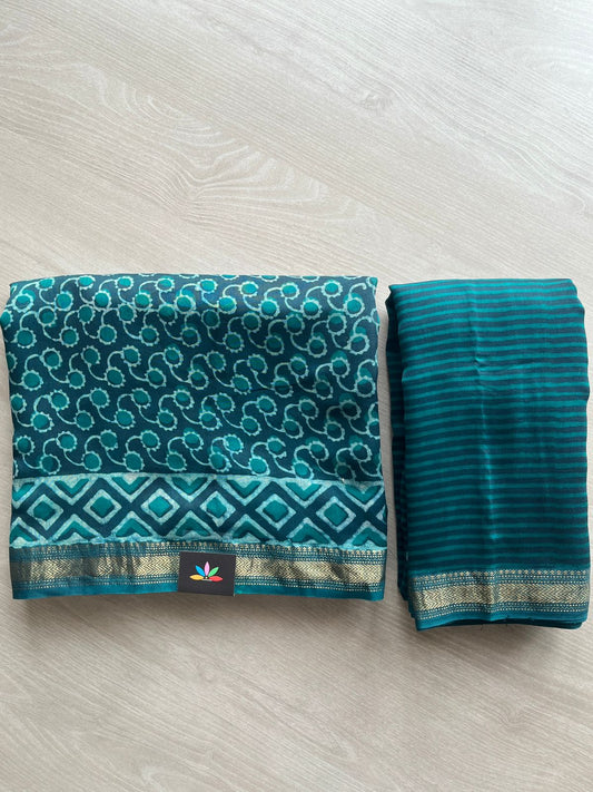 Deep Teal Akola Hand Block Printed Chanderi Cotton Silk 2 Piece Set - 32026