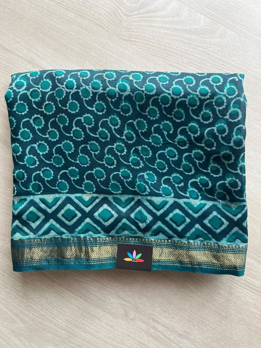 Deep Teal Akola Hand Block Printed Chanderi Cotton Silk 2 Piece Set - 32026