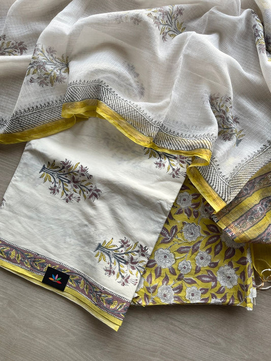 White & Bright Yellow Hand Block Printed Cotton Suit with Kota Duppata - 32027