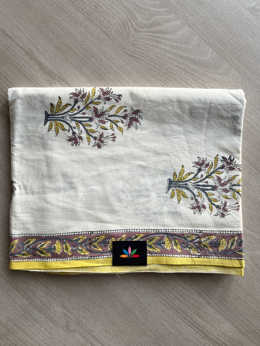 White & Bright Yellow Hand Block Printed Cotton Suit with Kota Duppata - 32027