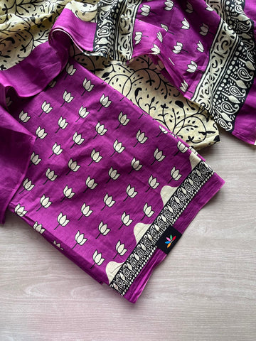 Hand Block Printed Mul Cotton Unstitched Suit Set with Cotton Duppata - 35142