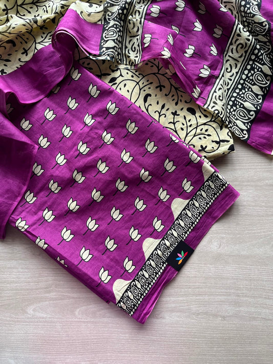 Mardi Gras Purple & Beige Hand Block Printed Mul Cotton Unstitched Suit Set with Cotton Duppata - 35142