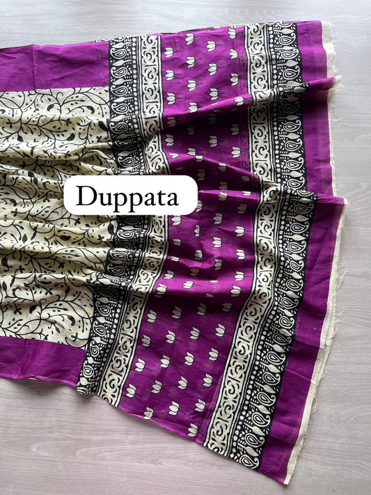 Mardi Gras Purple & Beige Hand Block Printed Mul Cotton Unstitched Suit Set with Cotton Duppata - 35142