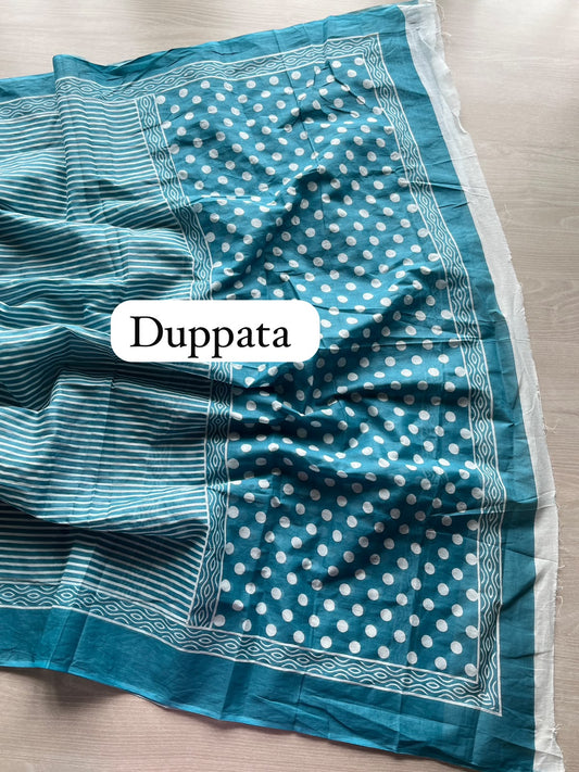 Teal Blue Hand Block Printed Mul Cotton Unstitched Suit Set with Cotton Duppata - 35144