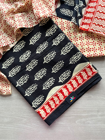 Hand Block Printed Mul Cotton Unstitched Suit Set with Cotton Duppata - 35149