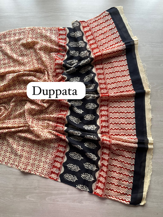 Black & Bisque Beige Hand Block Printed Mul Cotton Unstitched Suit Set with Cotton Duppata - 35149