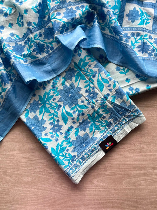 Steel Blue Hand Block Printed Mul Cotton Unstitched Suit Set with Cotton Duppata - 35150