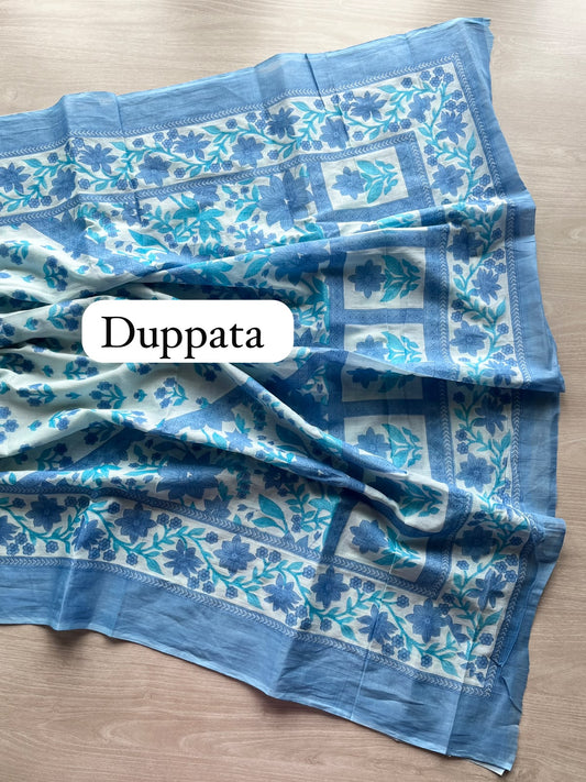 Steel Blue Hand Block Printed Mul Cotton Unstitched Suit Set with Cotton Duppata - 35150