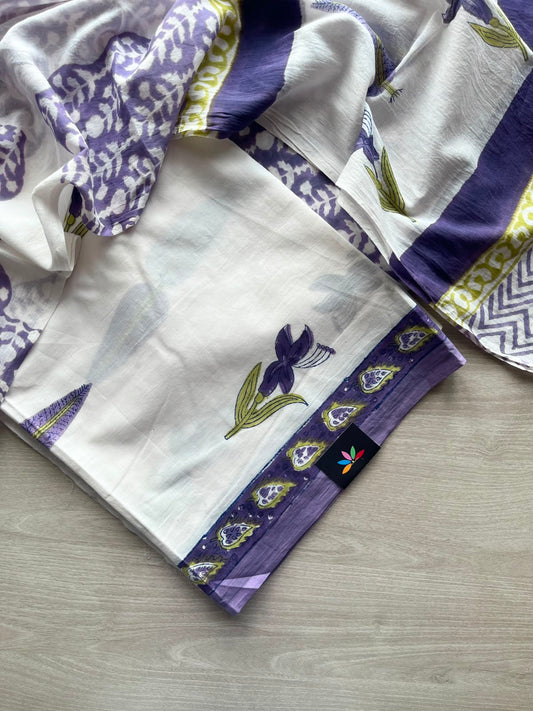 Off-White & Purple Shade Hand Block Printed Mul Cotton Unstitched Suit Set with Cotton Duppata - 35153