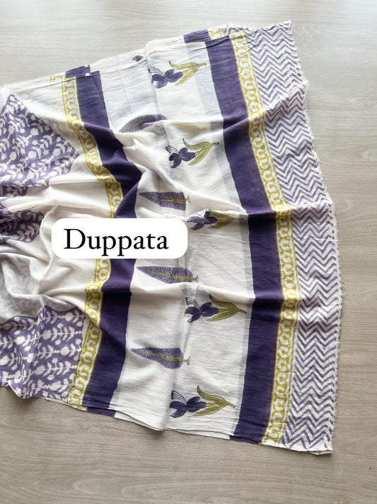 Off-White & Purple Shade Hand Block Printed Mul Cotton Unstitched Suit Set with Cotton Duppata - 35153