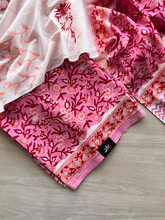 Hand Block Printed Mul Cotton Unstitched Suit Set with Cotton Duppata - 35154