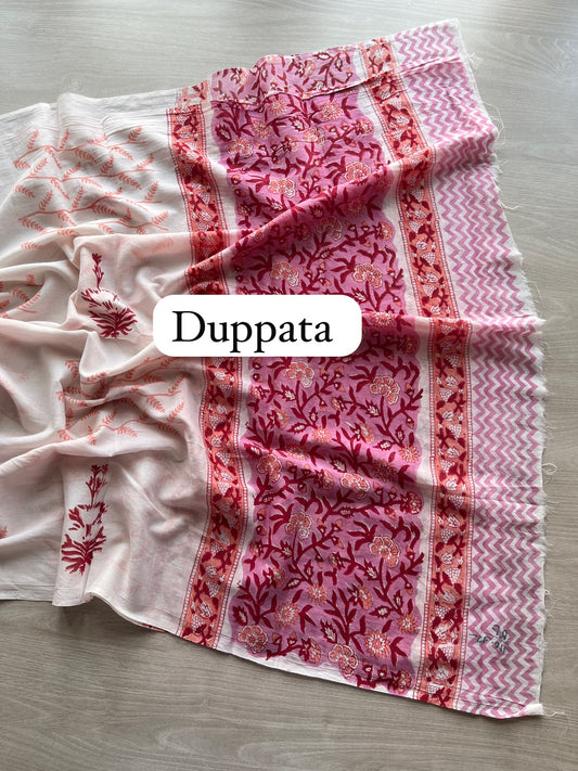 Hand Block Printed Mul Cotton Unstitched Suit Set with Cotton Duppata - 35154