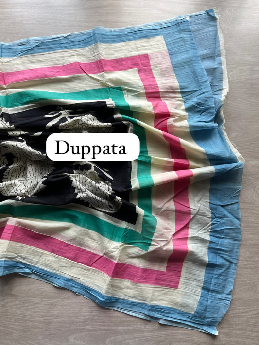 Hand Block Printed Mul Cotton Unstitched Suit Set with Cotton Duppata - 35156