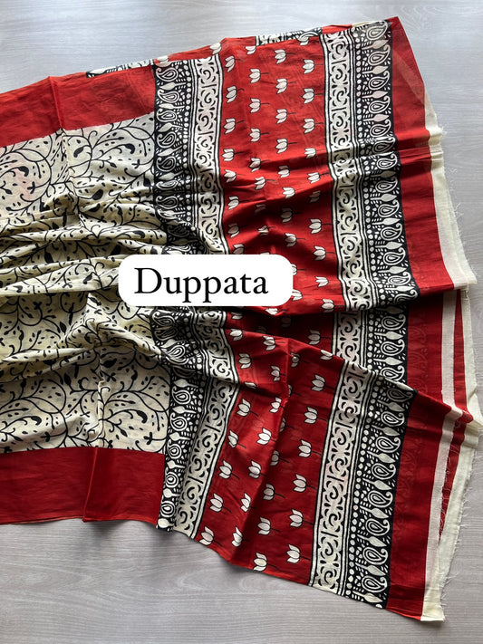 Hand Block Printed Mul Cotton Unstitched Suit Set with Cotton Duppata - 35157