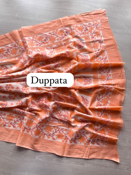 Hand Block Printed Mul Cotton Unstitched Suit Set with Cotton Duppata - 35158